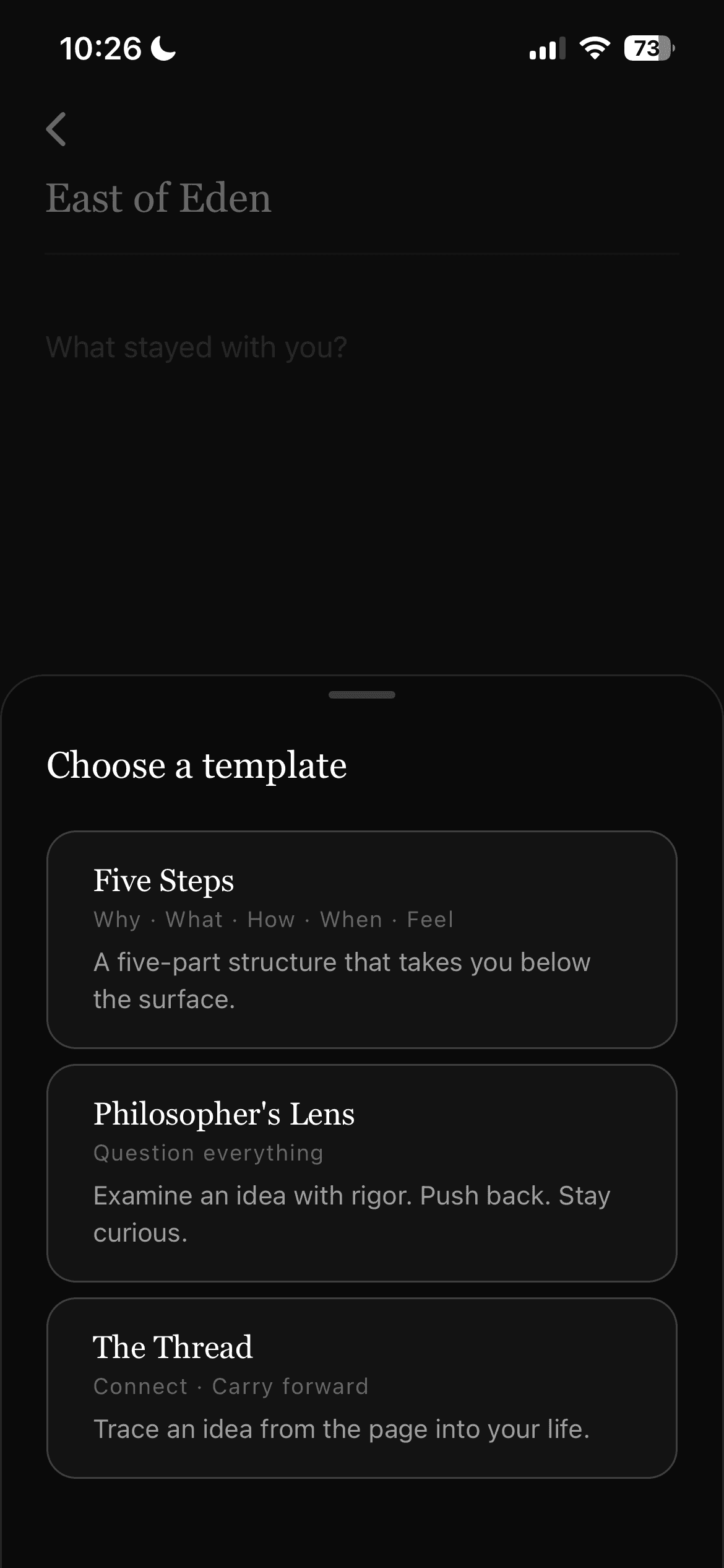 Reflection setup screen where readers capture what stayed with them after reading.